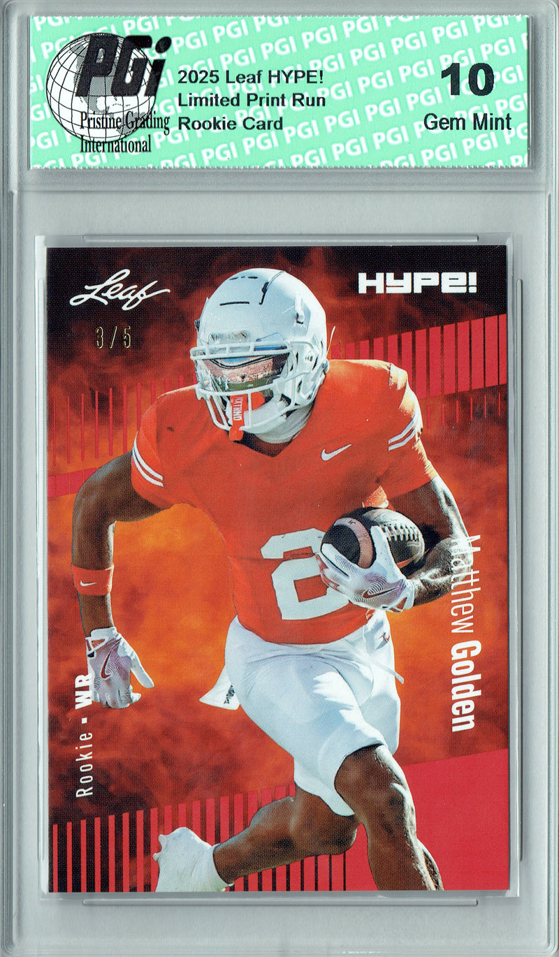 Matthew Golden Rookie Card Green Bay PGI 10 Football Trading Card 2025 Leaf HYPE! #186 Red 5 Made