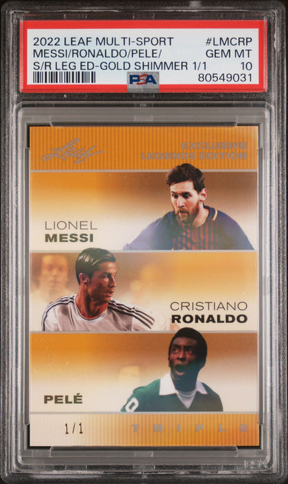 PSA 10 Lionel Messi Pele Cristiano Ronaldo '22 Leaf Triple Gold Shimmer 1/1 Card