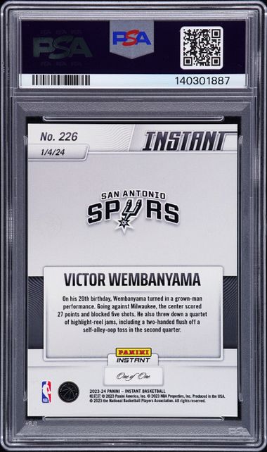PSA 9 Victor Wembanyama 2023 Panini Instant #226 Black 1 of 1 Rookie Card San Antonio Spurs