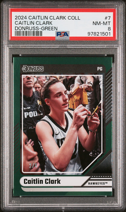 PSA 8 2024 Panini Caitlin Clark Collection #7 Donruss Green #2/6 Rookie Card