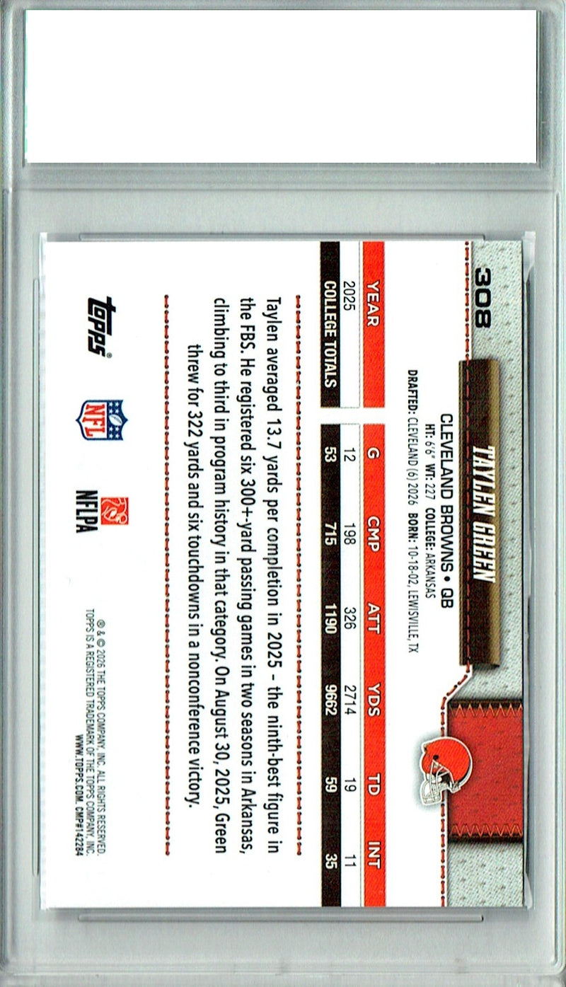 Taylen Green Rookie Card 2026 Topps #308 Flagship, PGI 10, Cleveland Browns Football