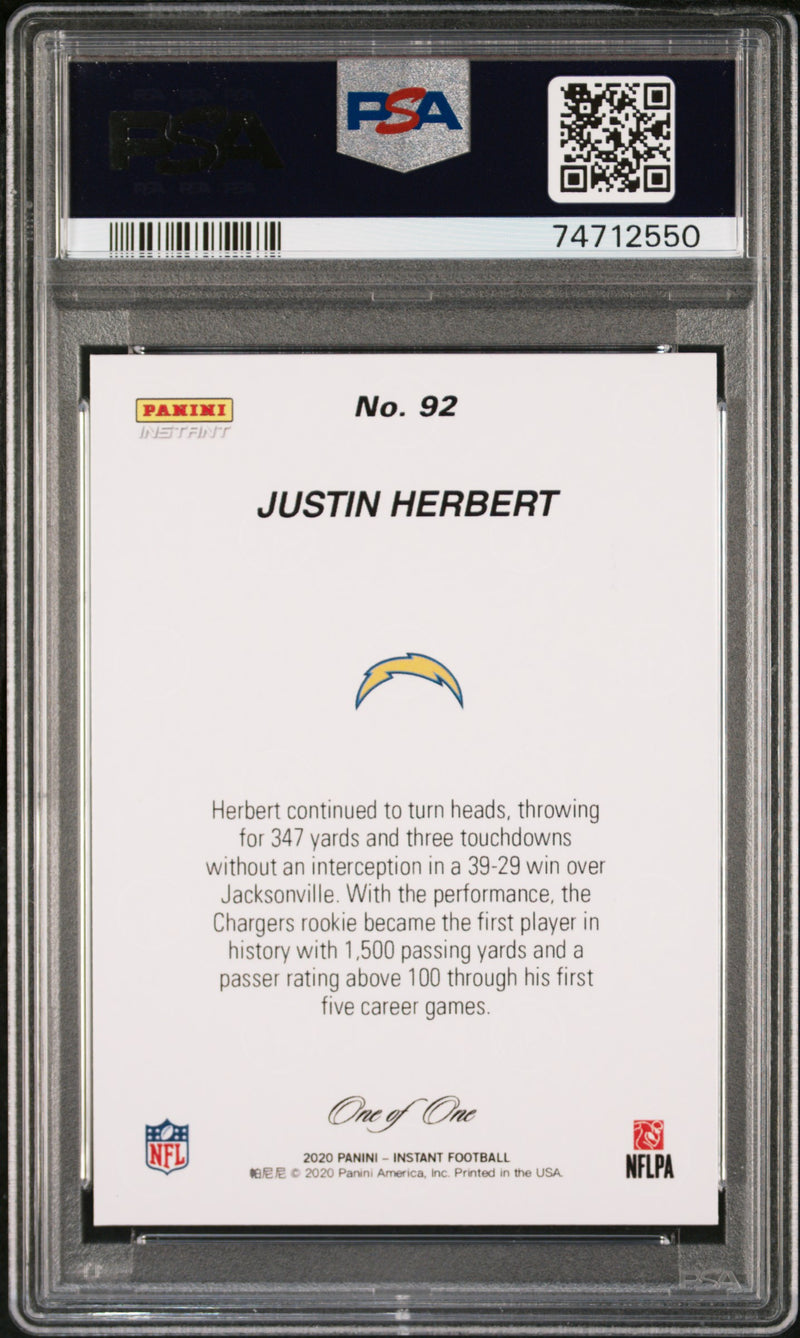 PSA 9 MINT Justin Herbert 2020 Panini Instant #92 Rookie Card Black 1/1 Dominates