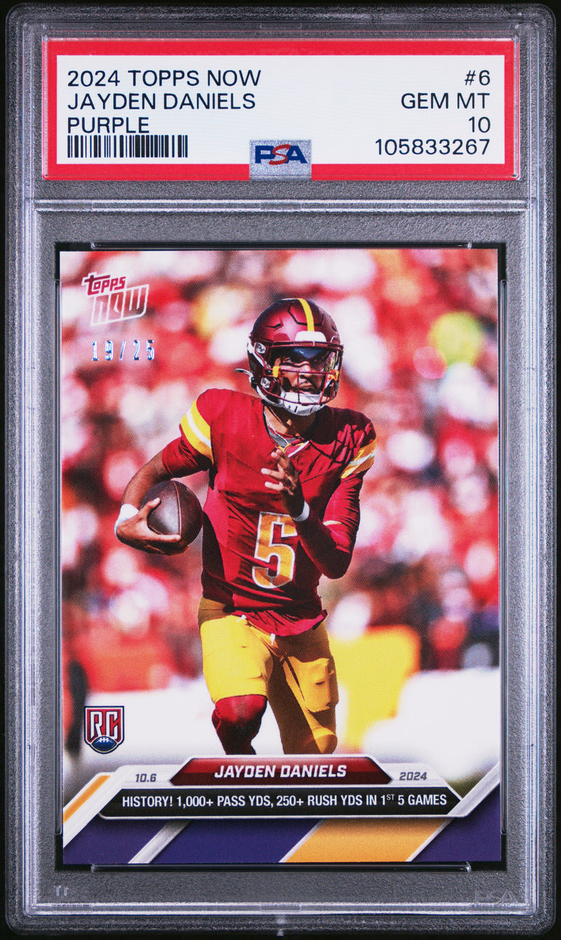PSA 10 Jayden Daniels 2024 Topps Now #6 Purple #19/25 Rookie Card Washington Commanders