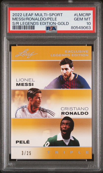 PSA 10 Pele Lionel Messi Cristiano Ronaldo 2022 Leaf #LMCRP The Triple Gold #3/25 Rare Trading Card