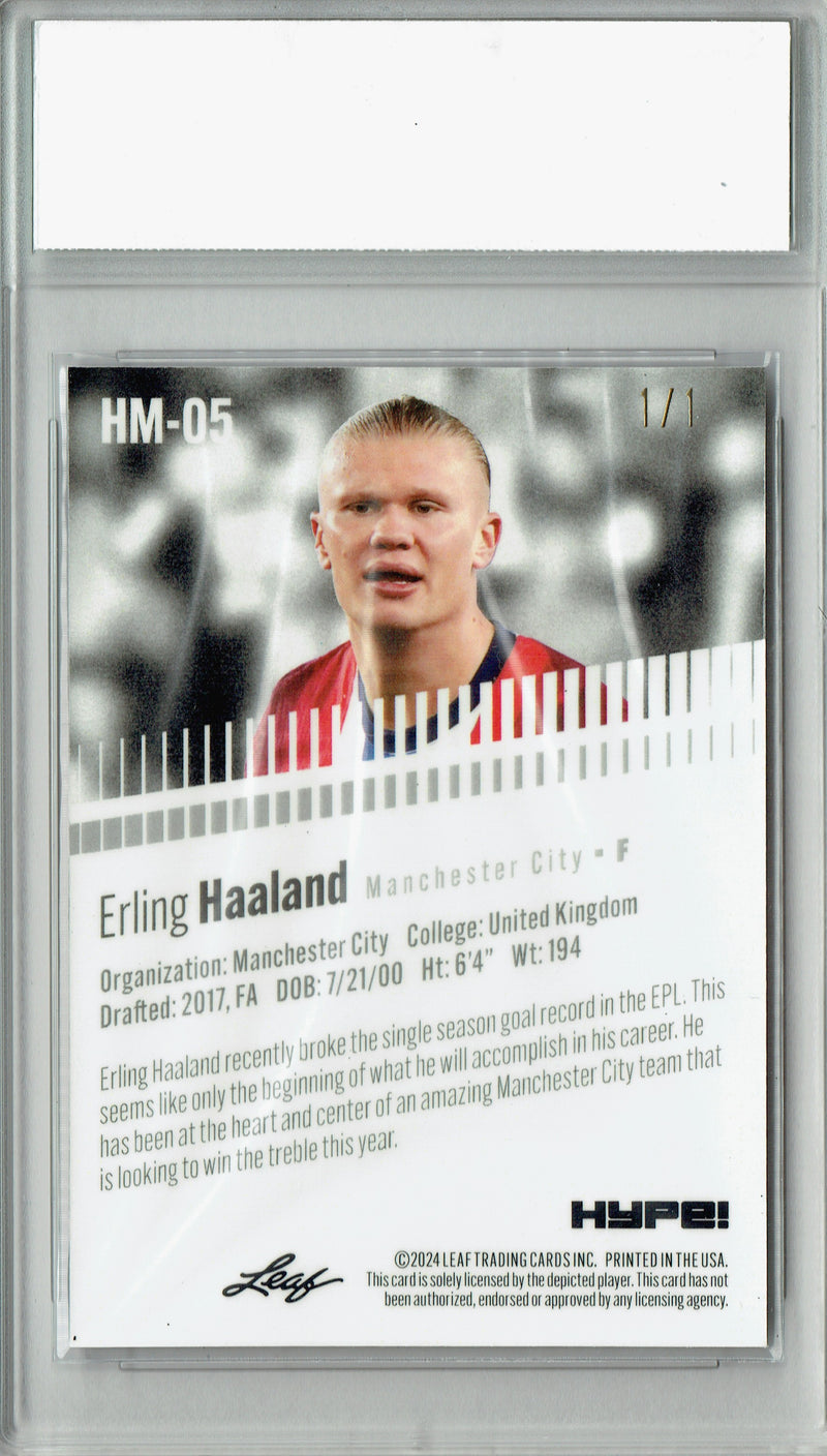 Erling Haaland Trading Card 2024 Leaf HYPE! #HM-05 Metal 1/1 Platinum, PGI 10, Manchester City Soccer