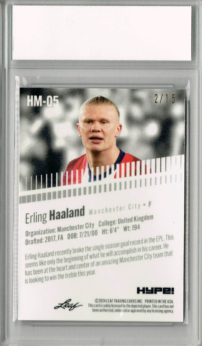 Erling Haaland Rookie Card 2024 Leaf HYPE! Metal #HM-05 Purple Only 15 Made PGI 10 Gem Mint Soccer Trading Card