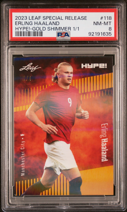 PSA 8 Erling Haaland 2023 Leaf Hype! #118 Gold Shimmer 1/1 Rare Trading Card