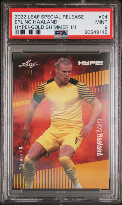 PSA 9 Erling Haaland 2022 Leaf Hype! #94 Gold Shimmer 1/1 Rare Trading Card