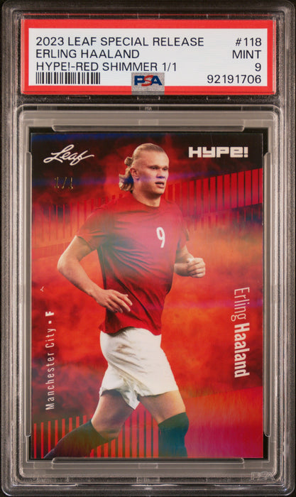 PSA 9 Erling Haaland 2023 Leaf Hype! #118 Red Shimmer 1/1 Rare Trading Card