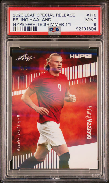 PSA 9 Erling Haaland 2023 Leaf Hype! #118 White Shimmer 1/1 Rare Trading Card