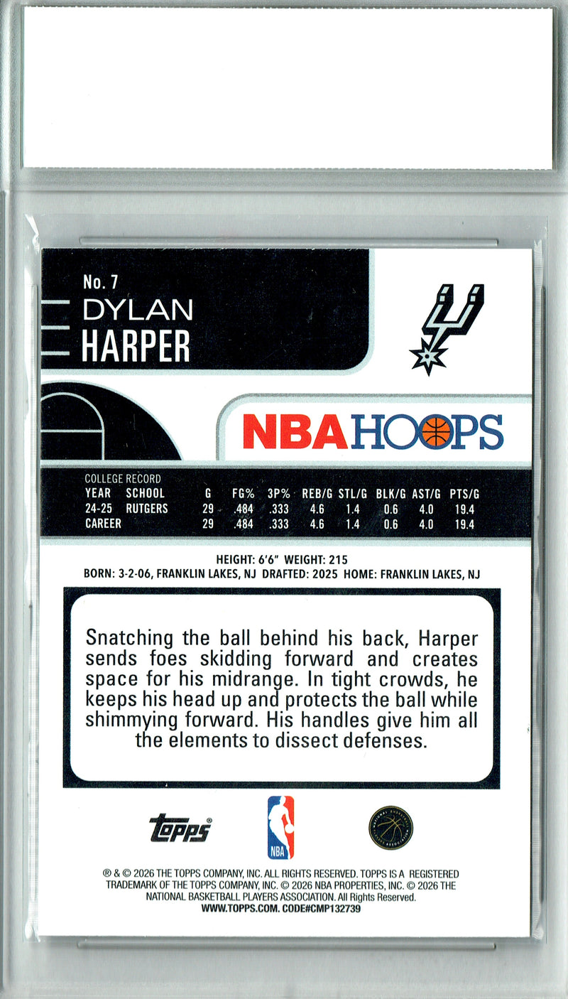 Dylan Harper Rookie Card 2025 NBA Hoops #7 Glitter SP, PGI 10, San Antonio Spurs Basketball