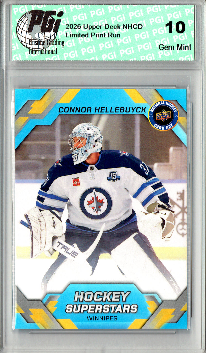 Connor Hellebuyck Trading Card 2026 Upper Deck #NHCD-14 National Hockey Card Day, PGI 10, Winnipeg Jets Hockey