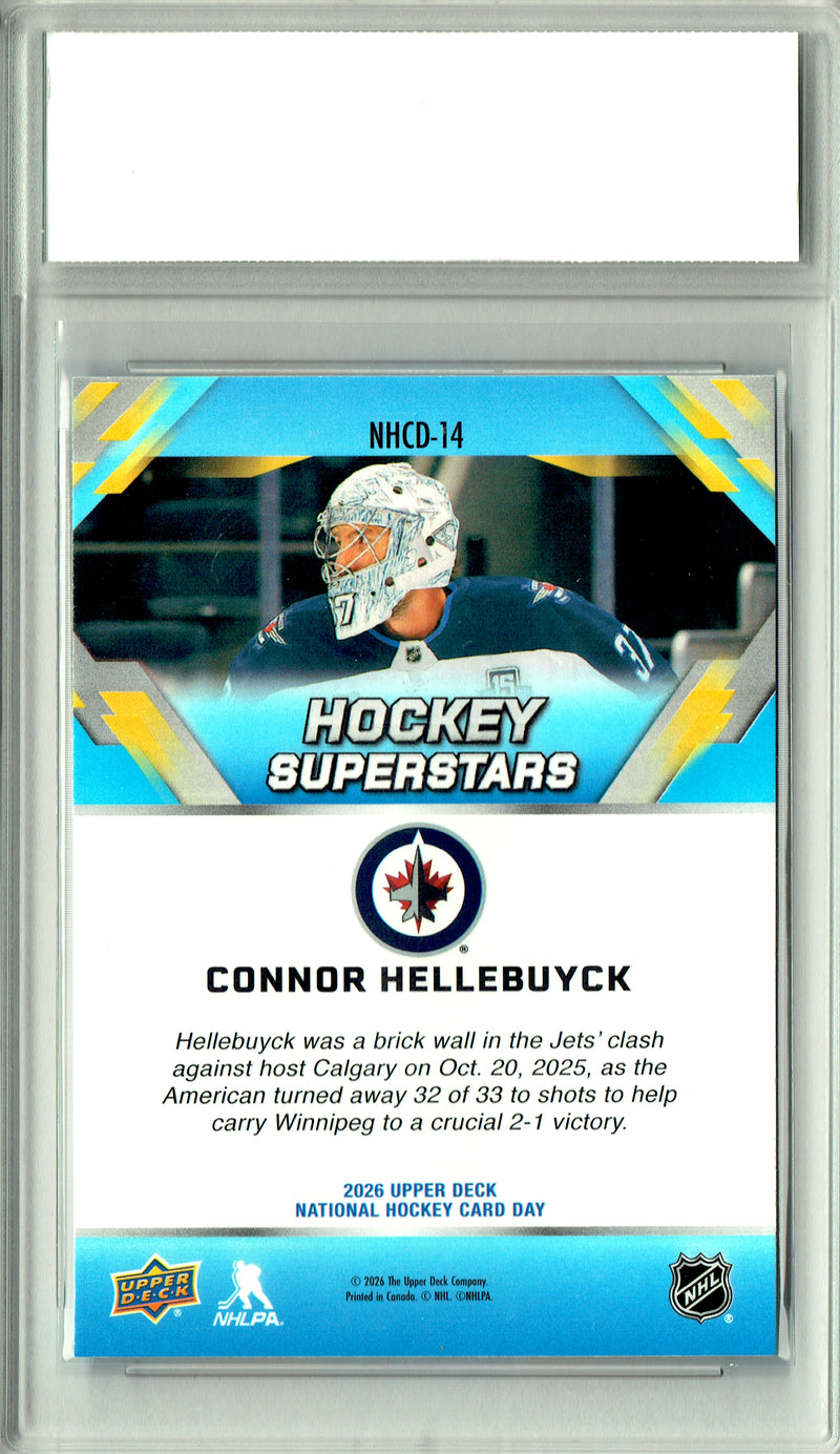 Connor Hellebuyck Trading Card 2026 Upper Deck #NHCD-14 National Hockey Card Day, PGI 10, Winnipeg Jets Hockey