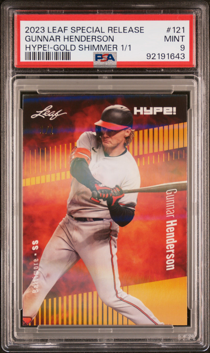 PSA 9 Gunnar Henderson 2023 Leaf HYPE #121 Gold Shimmer 1/1 Rookie Card Baltimore Orioles