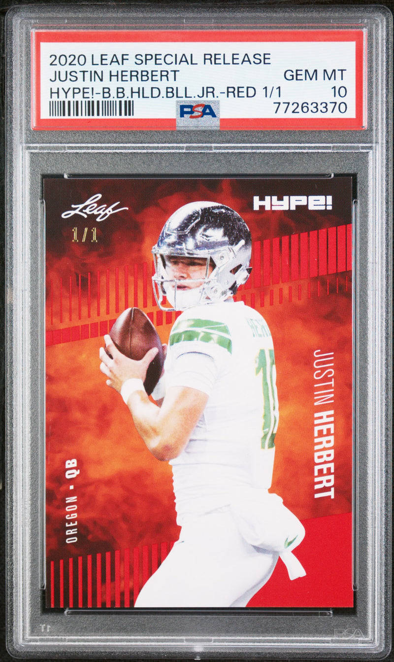 Justin Herbert Rookie Card Los Angeles PSA GEM-MT 10 (Gem Mint) Football Trading Card 2020 Leaf Hype #27 Red Blank Back #1/1