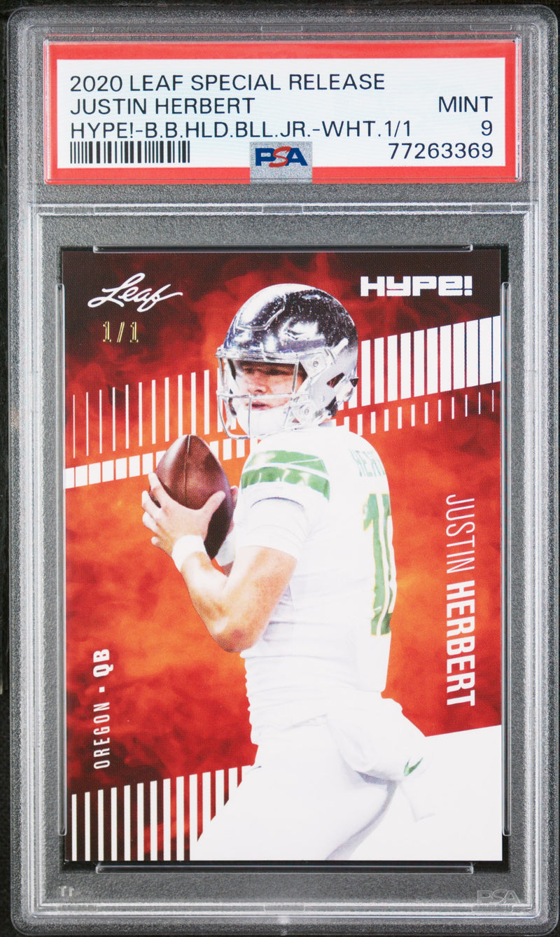 Justin Herbert Rookie Card Los Angeles PSA MINT 9 (Mint) Football Trading Card 2020 Leaf Hype #27 White Blank Back #1/1