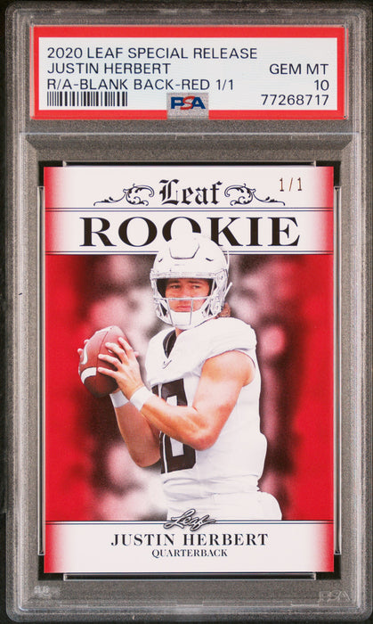 Justin Herbert 2020 Leaf Exclusive #4 Rookie Card Blank Back-Red 1/1 PSA GEM-MT 10 (Gem Mint)