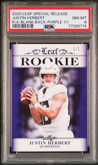 Justin Herbert 2020 Leaf Exclusive #4 Rookie Card Blank Back-Purple 1/1 PSA NM-MT 8 (Near Mint-Mint)