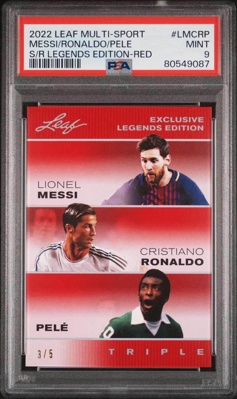 2022 Leaf PSA 9 #LMCRP The Triple Pele Lionel Messi Cristiano Ronaldo Red #3/5 Rare Trading Card FC Barcelona