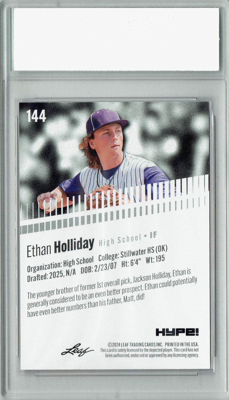 Ethan Holliday 2024 Leaf HYPE! #144 Red Shimmer 1/1 Rookie Card PGI 10
