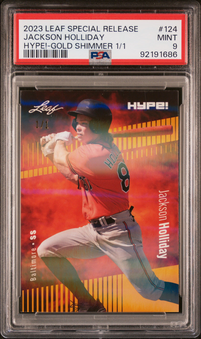 PSA 9 Jackson Holliday 2023 Leaf HYPE #124 Gold Shimmer 1/1 Rookie Card Baltimore Orioles