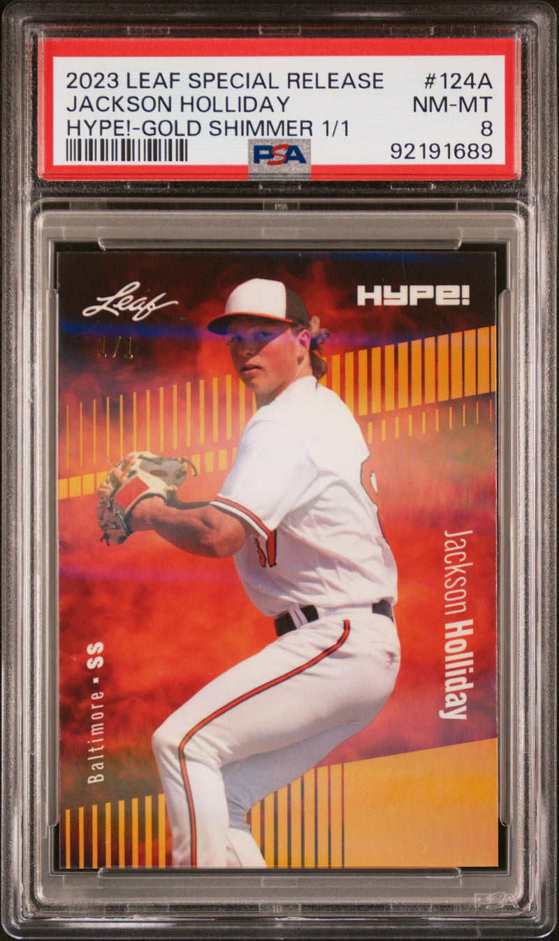 PSA 8 Jackson Holliday 2023 Leaf HYPE #124A Gold Shimmer 1/1 Rookie Card Baltimore Orioles