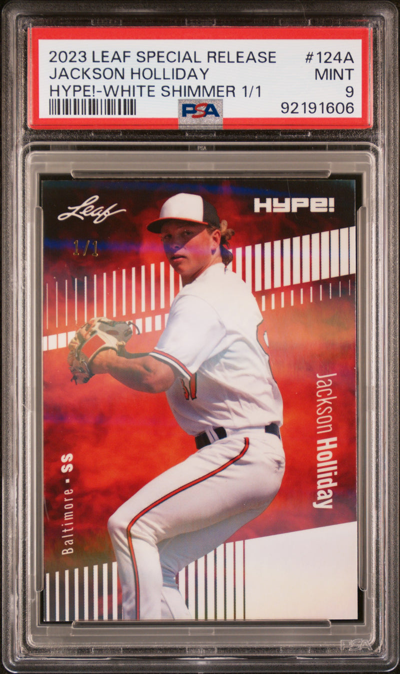 PSA 9 Jackson Holliday 2023 Leaf HYPE #124A White Shimmer 1/1 Rookie Card Baltimore Orioles