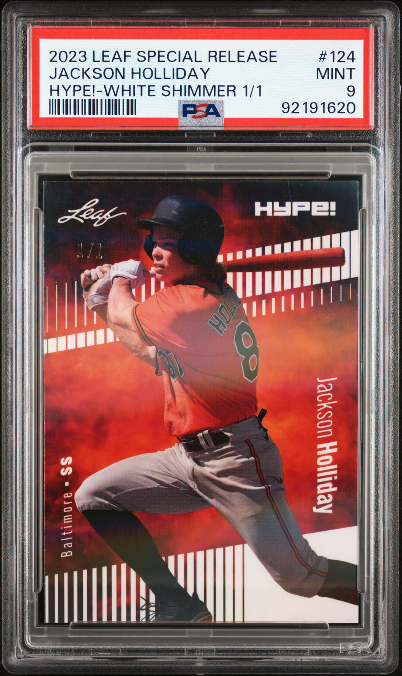 PSA 9 Jackson Holliday 2023 Leaf HYPE #124 White Shimmer 1/1 Rookie Card Baltimore Orioles