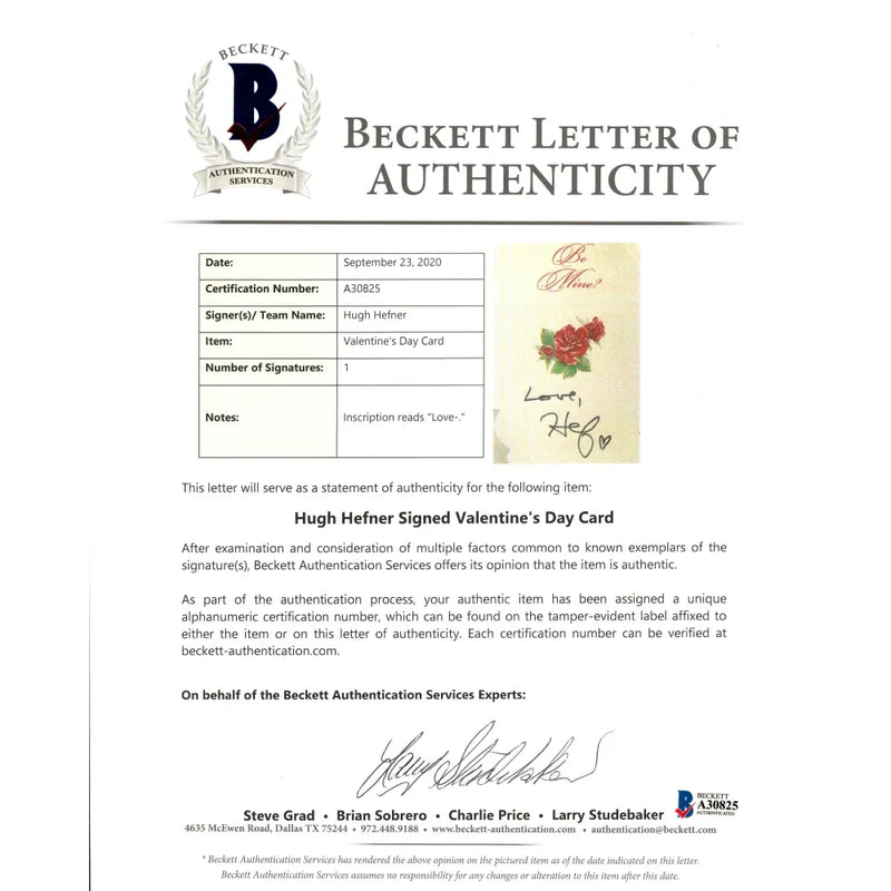 Hugh Hefner Signed Personal Valentine's Day Card BAS COA Autograph Playboy Inscribed