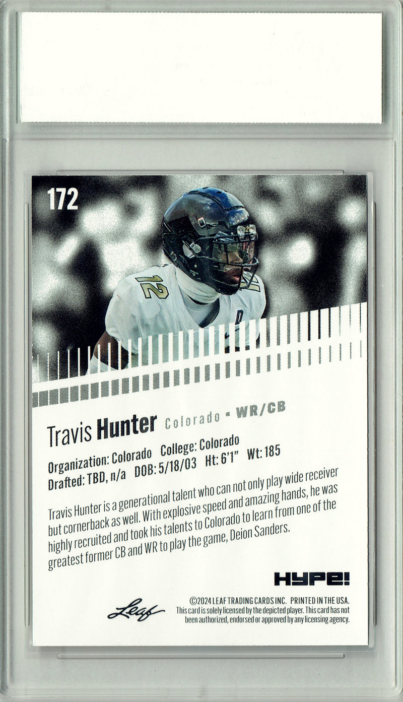 Travis Hunter Rookie Card Jacksonville PGI 10 Gem Mint Football Trading Card 2024 Leaf HYPE! #172 Gold Shimmer 1/1