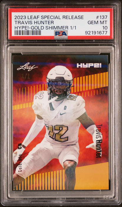 PSA 10 Travis Hunter 2023 Leaf Hype! #137 Gold Shimmer 1/1 Rookie Card