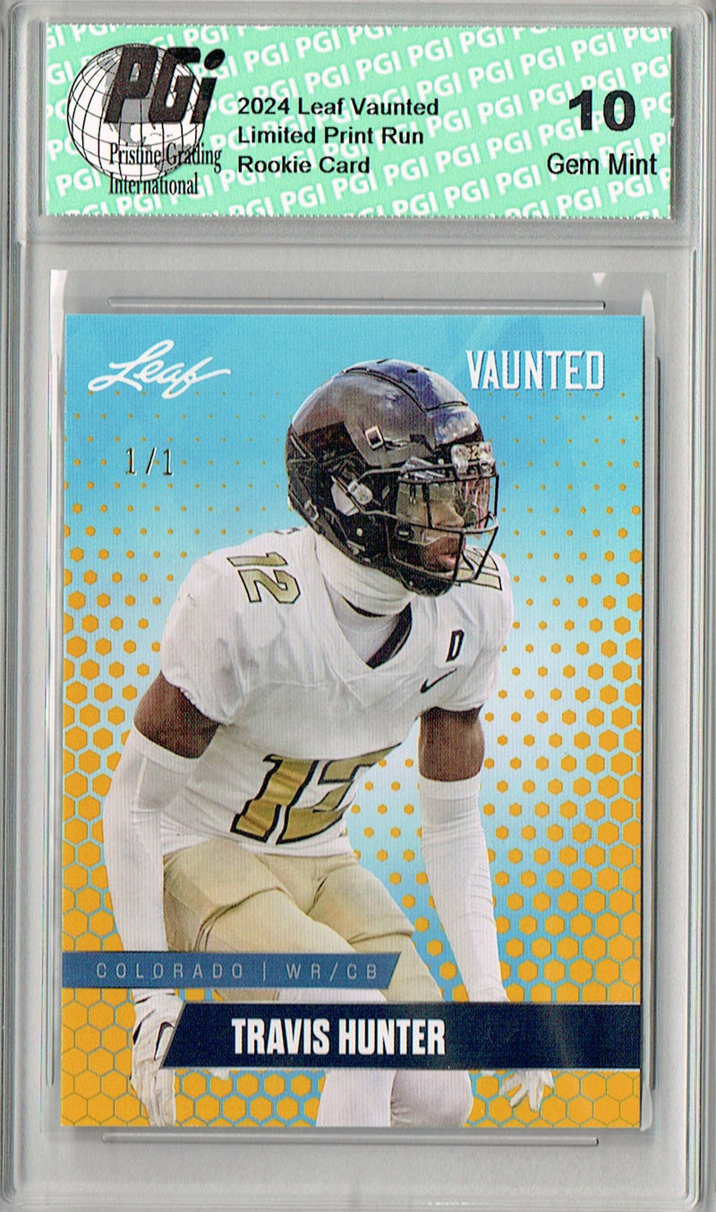 Travis Hunter Rookie Card Jacksonville PGI 10 Gem Mint Football Trading Card 2024 Leaf Vaunted #V-19 Gold Blank Back 1/1