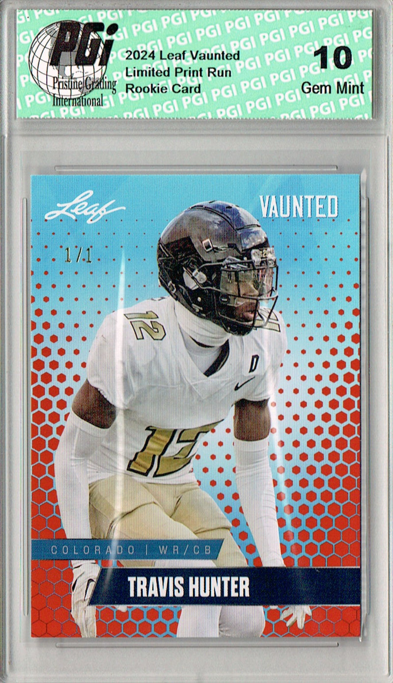 Travis Hunter Rookie Card Jacksonville PGI 10 Gem Mint Football Trading Card 2024 Leaf Vaunted #V-19 Orange Blank Back 1/1