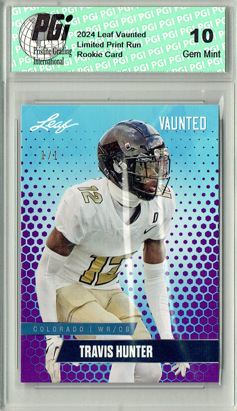 Travis Hunter Rookie Card Jacksonville PGI 10 Gem Mint Football Trading Card 2024 Leaf Vaunted #V-19 Purple Blank Back 1/1