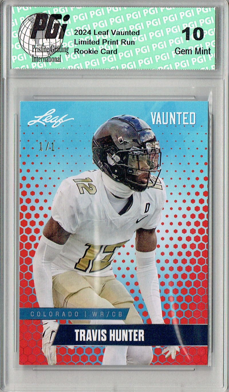 Travis Hunter Rookie Card Jacksonville PGI 10 Gem Mint Football Trading Card 2024 Leaf Vaunted #V-19 Red Blank Back 1/1