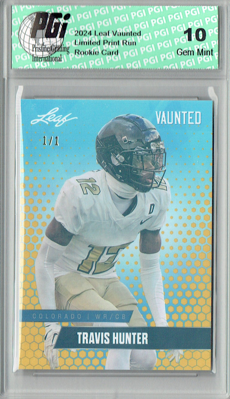 Travis Hunter Rookie Card Jacksonville PGI 10 Gem Mint Football Trading Card 2024 Leaf Vaunted #V-19 Gold Shimmer 1/1