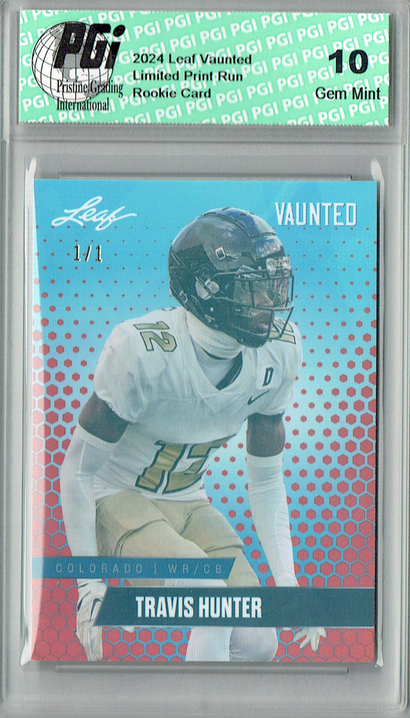 Travis Hunter Rookie Card Jacksonville PGI 10 Gem Mint Football Trading Card 2024 Leaf Vaunted #V-19 Orange Shimmer 1/1