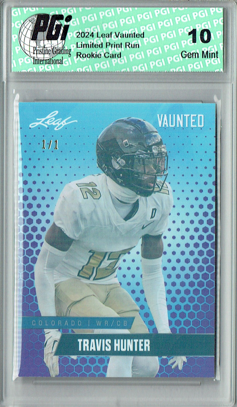 Travis Hunter Rookie Card Jacksonville PGI 10 Gem Mint Football Trading Card 2024 Leaf Vaunted #V-19 Purple Shimmer 1/1