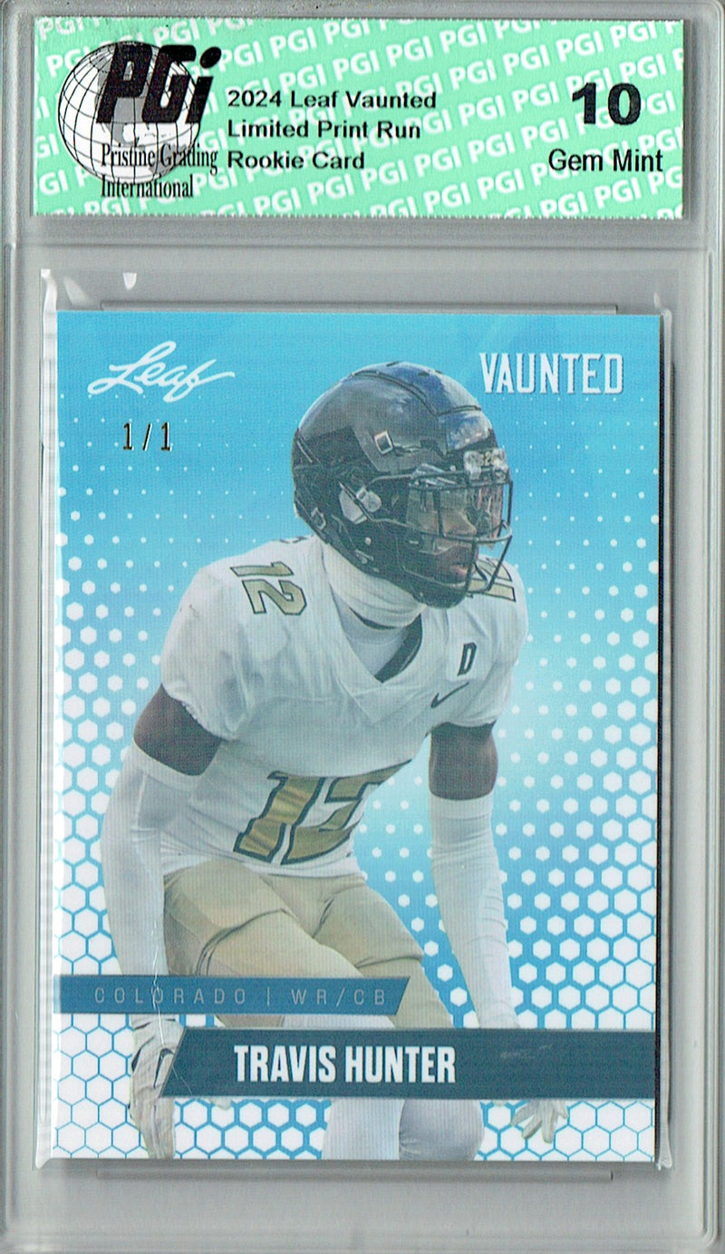 Travis Hunter Rookie Card Jacksonville PGI 10 Gem Mint Football Trading Card 2024 Leaf Vaunted #V-19 White Shimmer 1/1