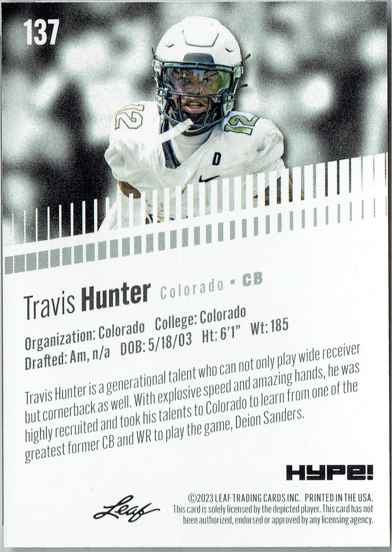 Mint Travis Hunter 2023 Leaf HYPE #137 Just 5000 Ever Made Rookie Card Colorado Buffaloes