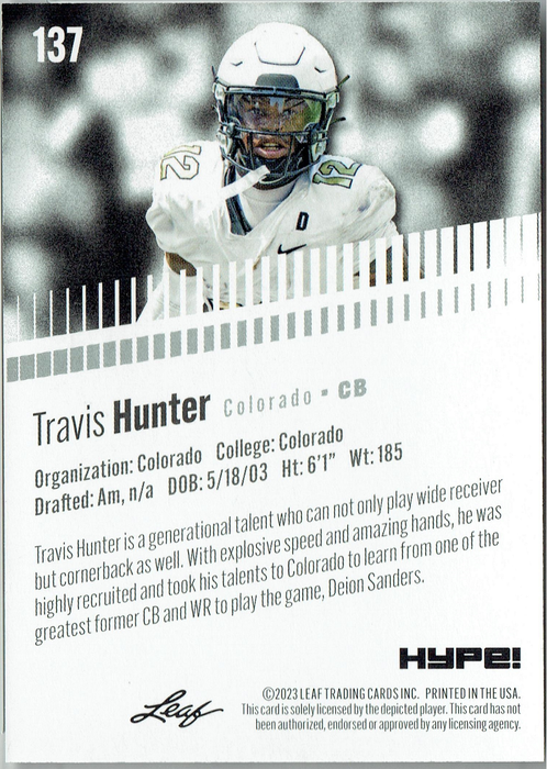 Mint Travis Hunter 2023 Leaf HYPE! #137 Just 5000 Ever Made! Rookie Card Colorado Buffaloes