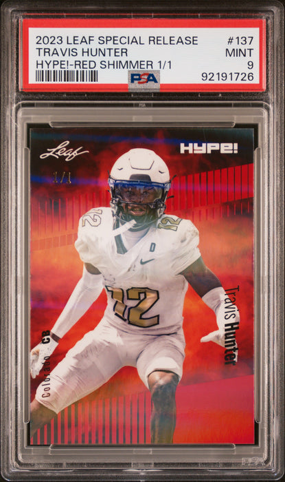 PSA 9 Travis Hunter 2023 Leaf Hype! #137 Red Shimmer 1/1 Rookie Card