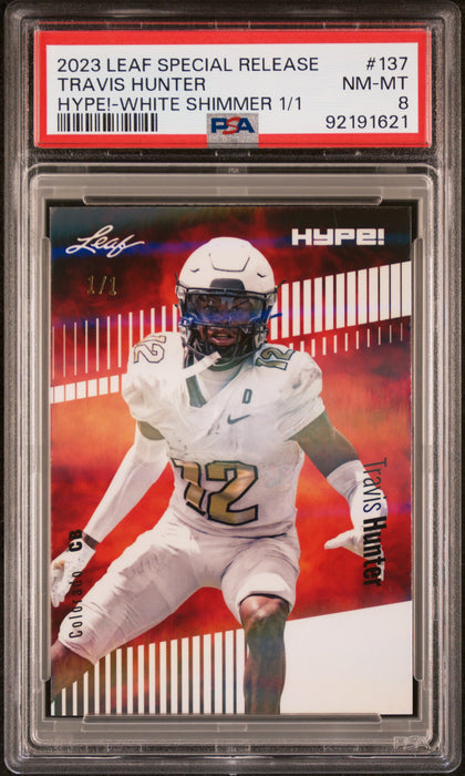 PSA 8 Travis Hunter 2023 Leaf Hype! #137 White Shimmer 1/1 Rookie Card