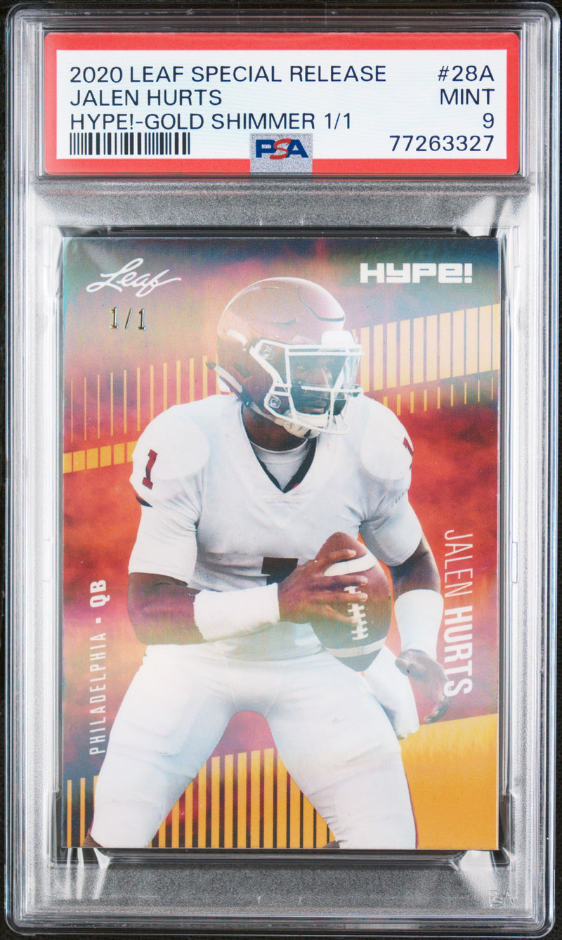 Jalen Hurts Rookie Card Philadelphia PSA MINT 9 (Mint) Football Trading Card 2020 Leaf Hype #28A Gold Shimmer #1/1
