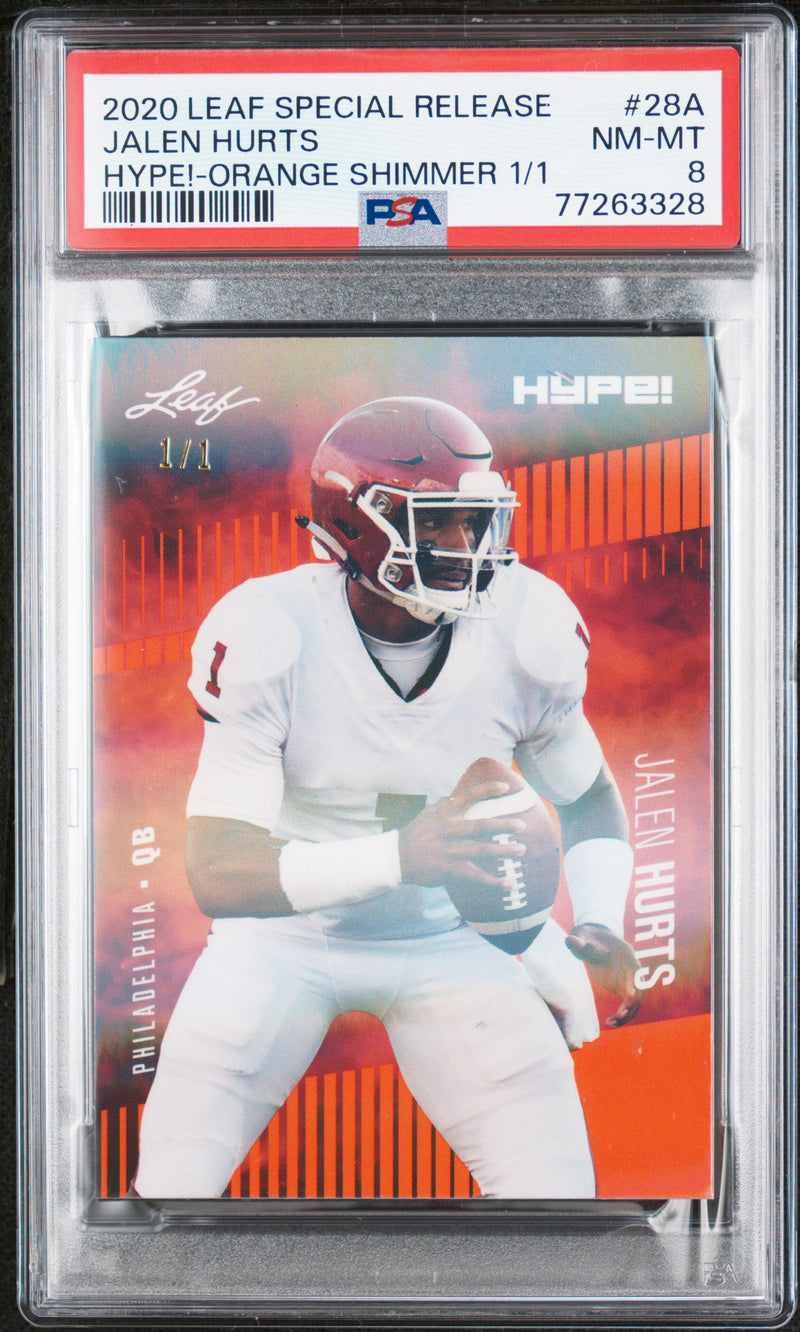 Jalen Hurts Rookie Card Philadelphia PSA NM-MT 8 (Near Mint-Mint) Football Trading Card 2020 Leaf Hype #28A Orange Shimmer #1/1