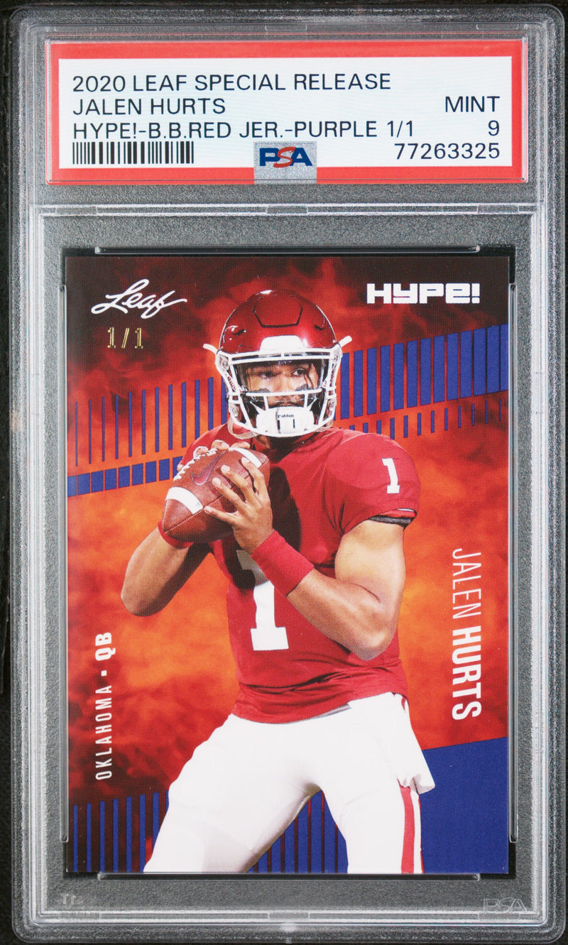Jalen Hurts Rookie Card Philadelphia PSA MINT 9 (Mint) Football Trading Card 2020 Leaf Hype #28 Purple Blank Back #1/1