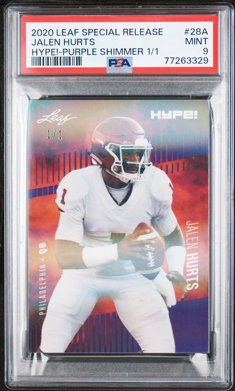 Jalen Hurts Rookie Card Philadelphia PSA MINT 9 (Mint) Football Trading Card 2020 Leaf Hype #28A Purple Shimmer #1/1