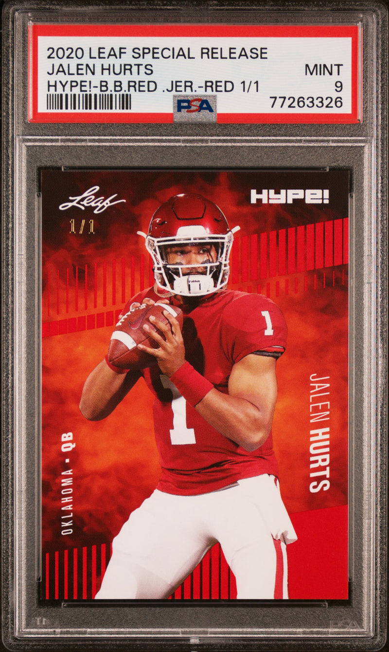 Jalen Hurts Rookie Card Philadelphia PSA MINT 9 (Mint) Football Trading Card 2020 Leaf Hype #28 Red Blank Back #1/1