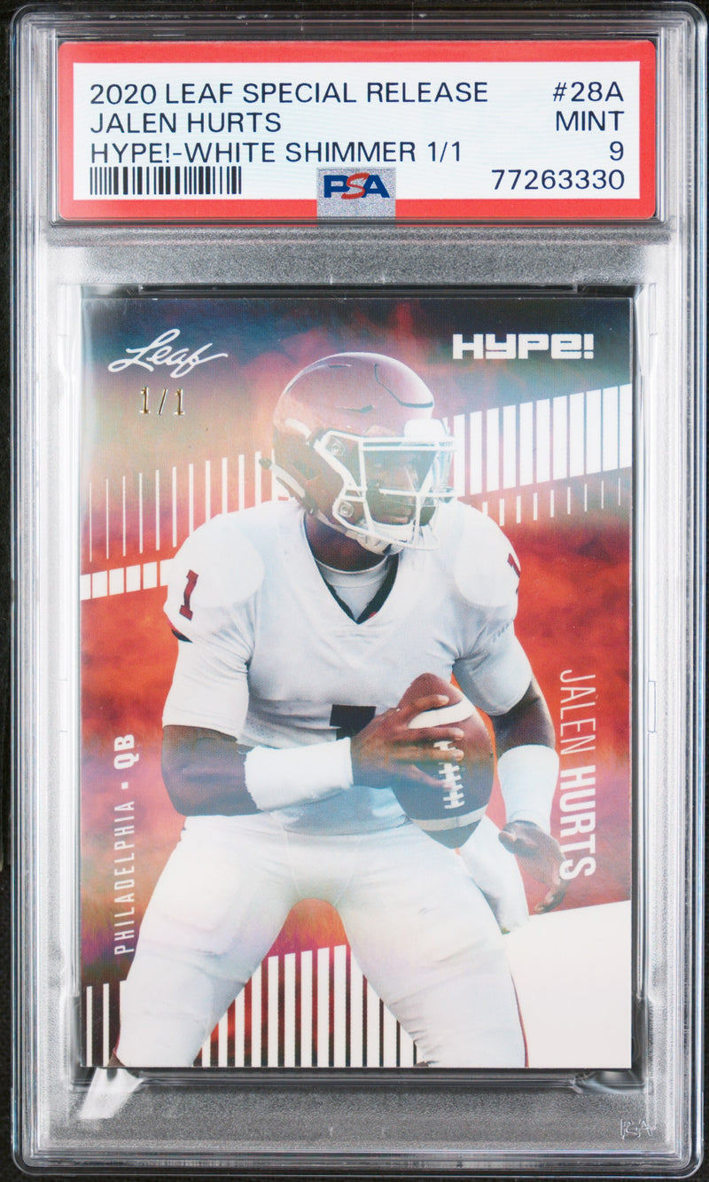 Jalen Hurts Rookie Card Philadelphia PSA MINT 9 (Mint) Football Trading Card 2020 Leaf Hype #28A White Shimmer #1/1