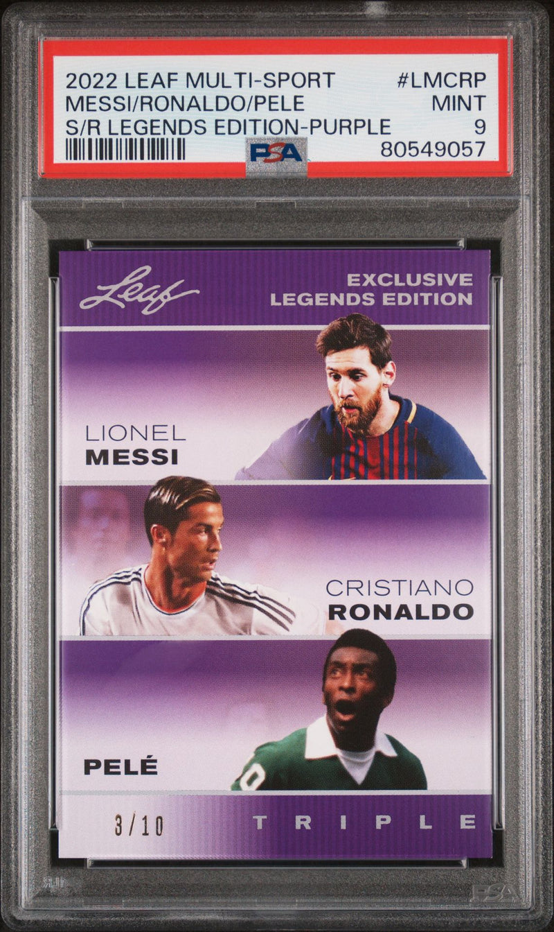 2022 Leaf PSA 9 #LMCRP The Triple Pele Lionel Messi Cristiano Ronaldo Purple #3/10 Rare Trading Card FC Barcelona